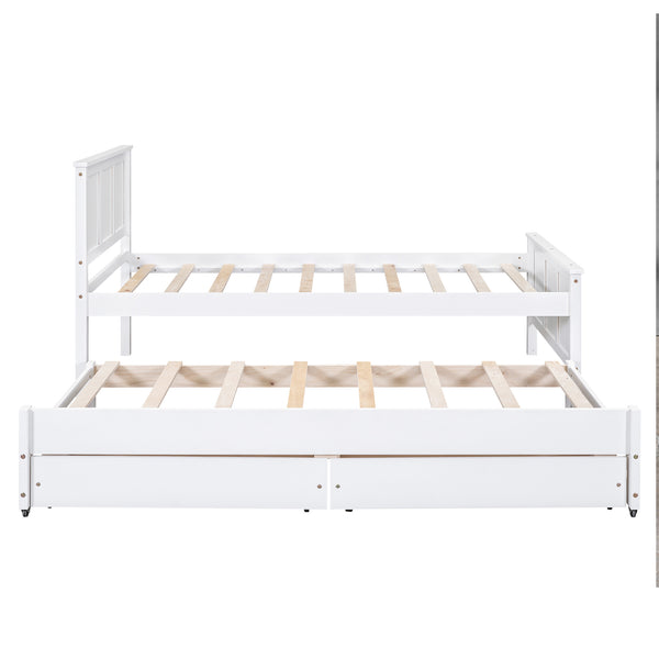 English Elm Twin Twin Size Platform Bed with Trundle and Roll-Out Drawers, Solid Pine & MDF, Rustic Modern Storage White WF298815AAK