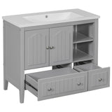 English Elm [Video] 36" Bathroom Vanity With Ceramic Basin, Bathroom Storage Cabinet With Two Doors and Drawers, Solid Frame, Metal Handles, Grey (Old Sku: Jl000003Aae)