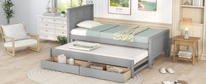 English Elm Twin Twin Size Platform Bed with Trundle and Roll-Out Drawers, Solid Pine & MDF, Rustic Modern Storage Gray WF298815AAE