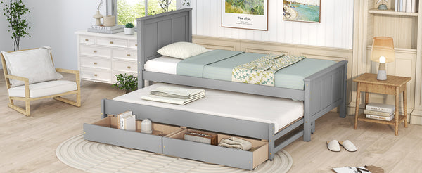 English Elm Twin Twin Size Platform Bed with Trundle and Roll-Out Drawers, Solid Pine & MDF, Rustic Modern Storage Gray WF298815AAE