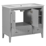 English Elm [Video] 36" Bathroom Vanity With Ceramic Basin, Bathroom Storage Cabinet With Two Doors and Drawers, Solid Frame, Metal Handles, Grey (Old Sku: Jl000003Aae)