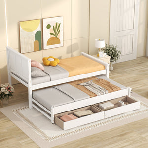 English Elm Twin Twin Size Platform Bed with Trundle and Roll-Out Drawers, Solid Pine & MDF, Rustic Modern Storage White WF298815AAK