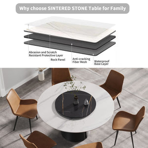 English Elm 59.05"Modern Round Dining Table With Black Carbon Steel Base & 31.5" Lazy Susan For 6 Guests W1535S00020