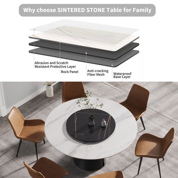 English Elm 59.05"Modern Round Dining Table With Black Carbon Steel Base & 31.5" Lazy Susan For 6 Guests W1535S00020