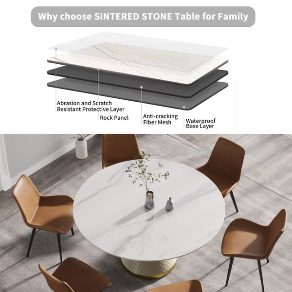 English Elm 59.05" Round Sintered Stone Dining Table with Lazy Susan Iron Base Seats 8 W1535S00627