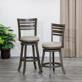 English Elm 24" Counter Height Slat Back Swivel Stool, Weathered Gray Finish, Beige Fabric Seat