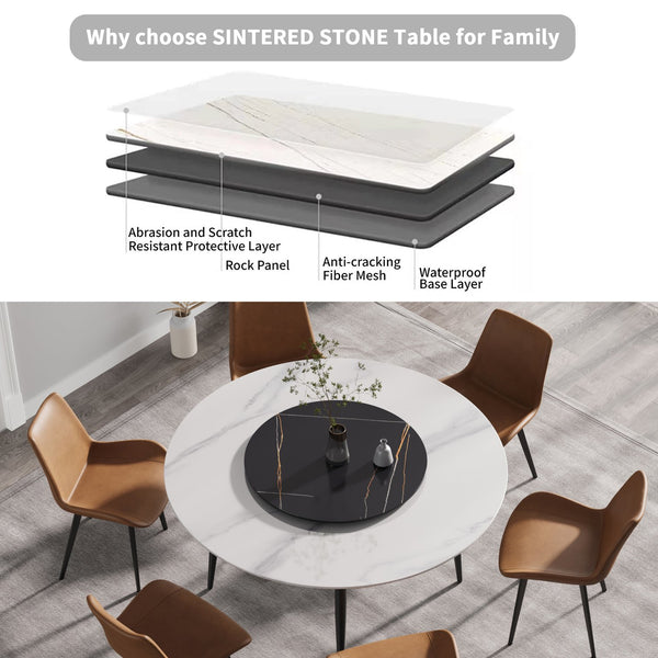 English Elm 59.05"Modern Round Dining Table With Lazy Susan - Stylish Black Metal Base For 6-Person Dining Experience W1535S00016
