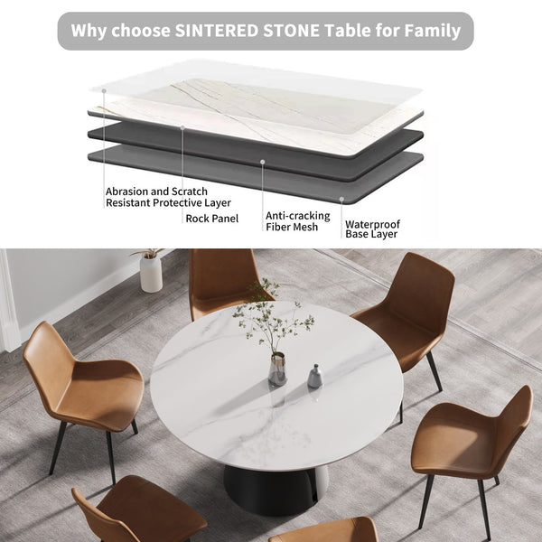 English Elm 53.15"Modern Round Dining Table With Sintered Stone Top & Carbon Steel Base For Stylish Gatherings W1535S00005