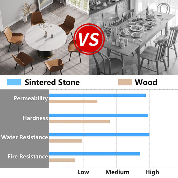 English Elm 53.15"Modern round sintered stone dining table with black carbon steel pedestal base, seats 6 comfortably W1535S00490