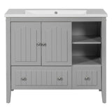 English Elm [Video] 36" Bathroom Vanity With Ceramic Basin, Bathroom Storage Cabinet With Two Doors and Drawers, Solid Frame, Metal Handles, Grey (Old Sku: Jl000003Aae)