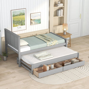 English Elm Twin Twin Size Platform Bed with Trundle and Roll-Out Drawers, Solid Pine & MDF, Rustic Modern Storage Gray WF298815AAE