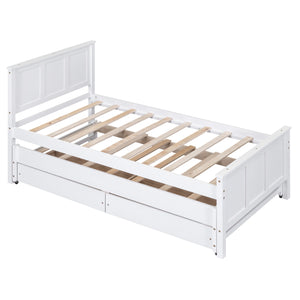 English Elm Twin Twin Size Platform Bed with Trundle and Roll-Out Drawers, Solid Pine & MDF, Rustic Modern Storage White WF298815AAK