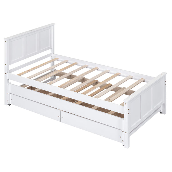English Elm Twin Twin Size Platform Bed with Trundle and Roll-Out Drawers, Solid Pine & MDF, Rustic Modern Storage White WF298815AAK