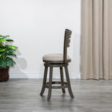 English Elm 24" Counter Height Slat Back Swivel Stool, Weathered Gray Finish, Beige Fabric Seat