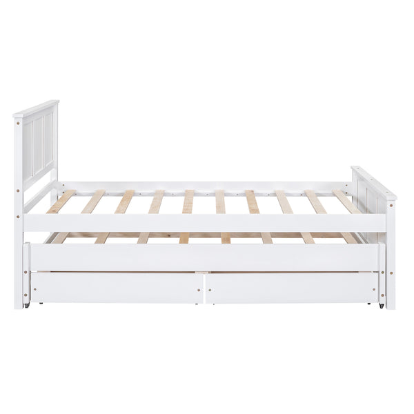 English Elm Twin Twin Size Platform Bed with Trundle and Roll-Out Drawers, Solid Pine & MDF, Rustic Modern Storage White WF298815AAK