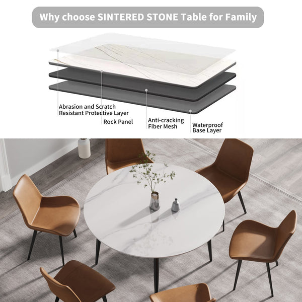 English Elm 53.15"Modern 53.15" Modern Round Dining Table With Sintered Stone Top & Black Metal Base For 6 Person Seating W1535S00001