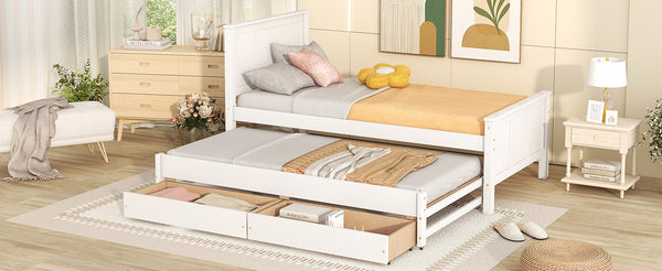 English Elm Twin Twin Size Platform Bed with Trundle and Roll-Out Drawers, Solid Pine & MDF, Rustic Modern Storage White WF298815AAK