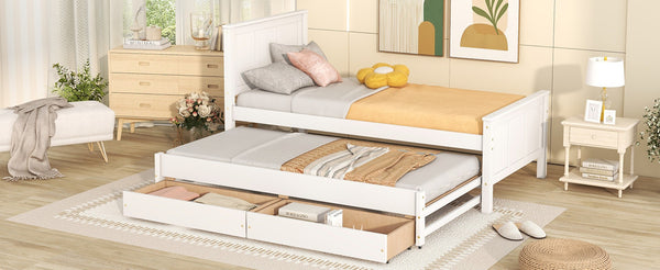 English Elm Twin Pine Platform Bed with Pull-out Trundle Storage Drawers for Kids or Guests White N7090008815K
