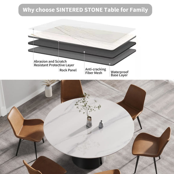 English Elm 59.05" Round Sintered Stone Dining Table with Lazy Susan Iron Base Seats 8 W1535S00624