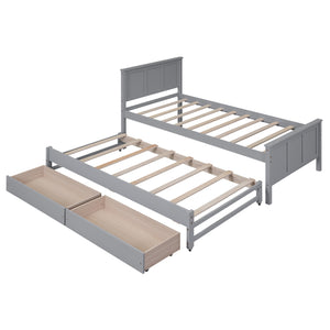 English Elm Twin Twin Size Platform Bed with Trundle and Roll-Out Drawers, Solid Pine & MDF, Rustic Modern Storage Gray WF298815AAE