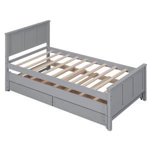 English Elm Twin Twin Size Platform Bed with Trundle and Roll-Out Drawers, Solid Pine & MDF, Rustic Modern Storage Gray WF298815AAE