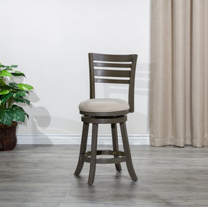 English Elm 24" Counter Height Slat Back Swivel Stool, Weathered Gray Finish, Beige Fabric Seat