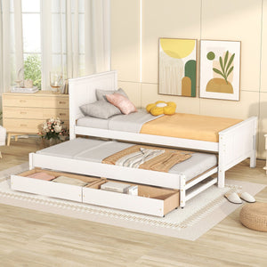 English Elm Twin Twin Size Platform Bed with Trundle and Roll-Out Drawers, Solid Pine & MDF, Rustic Modern Storage White WF298815AAK