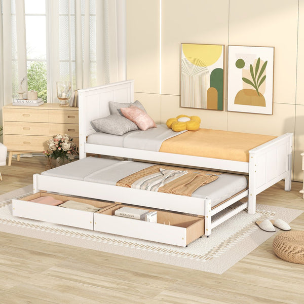 English Elm Twin Twin Size Platform Bed with Trundle and Roll-Out Drawers, Solid Pine & MDF, Rustic Modern Storage White WF298815AAK
