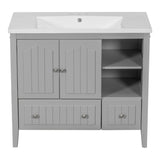 English Elm [Video] 36" Bathroom Vanity With Ceramic Basin, Bathroom Storage Cabinet With Two Doors and Drawers, Solid Frame, Metal Handles, Grey (Old Sku: Jl000003Aae)