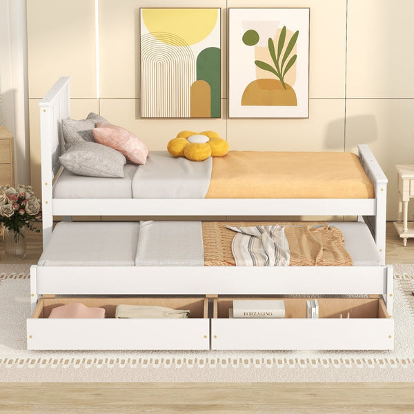 English Elm Twin Pine Platform Bed with Pull-out Trundle Storage Drawers for Kids or Guests White N7090008815K