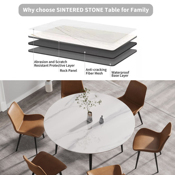 English Elm 59.05"Modern 59.05" Modern Round Black Metal Dining Table With Sintered Stone Top - Seats 6, Stylish & Durable! W1535S00006