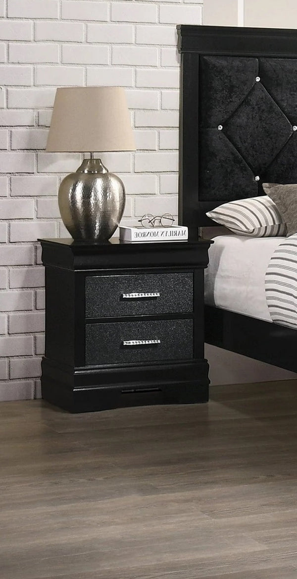 English Elm 1pc Modern Glam Nightstand Black Finish Solid Wood Two Drawers Crystal Button Tufted Accent 21.7" B01181413