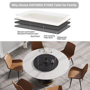 English Elm 59.05"Modern Round Dining Table With Black Carbon Steel Base & 31.5" Turntable For 6 People W1535S00018