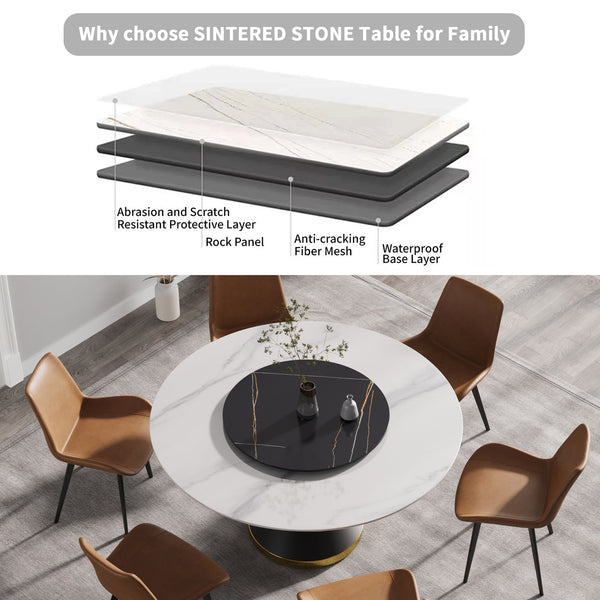 English Elm 59.05"Modern Round Dining Table With Black Carbon Steel Base & 31.5" Turntable For 6 People W1535S00018