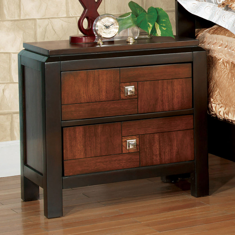 English Elm Acacia Multitone Walnut Nightstand with Double-Deck Top, Solid Wood Veneer, 2 Drawers, Chrome Knobs B01181558