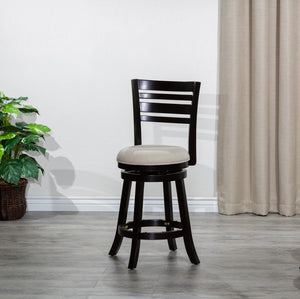 English Elm 24" Counter Height Slat Back Swivel Stool, Espresso Finish, Beige Fabric Seat