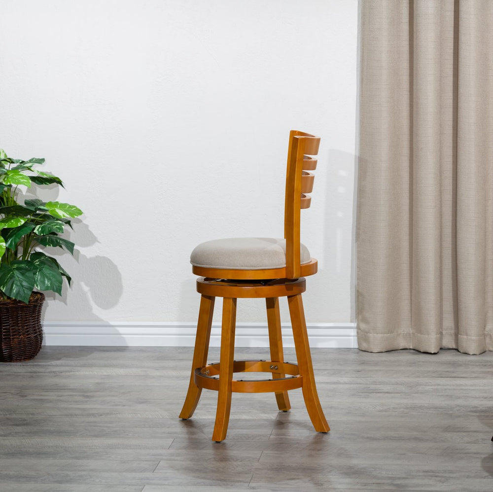 English Elm 24" Counter Height Slat Back Swivel Stool – Stylish Natural Finish With Cozy Beige Upholstered Seat B04660692