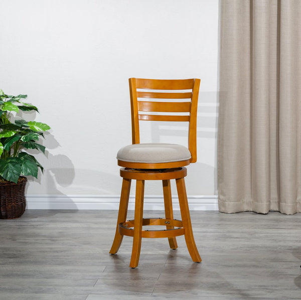 English Elm 24" Counter Height Slat Back Swivel Stool – Stylish Natural Finish With Cozy Beige Upholstered Seat B04660692