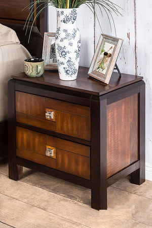 English Elm Acacia Multitone Walnut Nightstand with Double-Deck Top, Solid Wood Veneer, 2 Drawers, Chrome Knobs B01181558