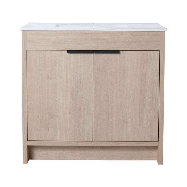 English Elm 36 Inch Freestanding Vanity with White Ceramic Sink, Soft-Close Doors, Adjustable Shelf, Water-Resistant Finish W999S00065