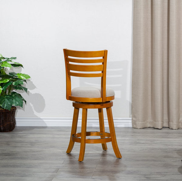 English Elm 24" Counter Height Slat Back Swivel Stool – Stylish Natural Finish With Cozy Beige Upholstered Seat B04660692