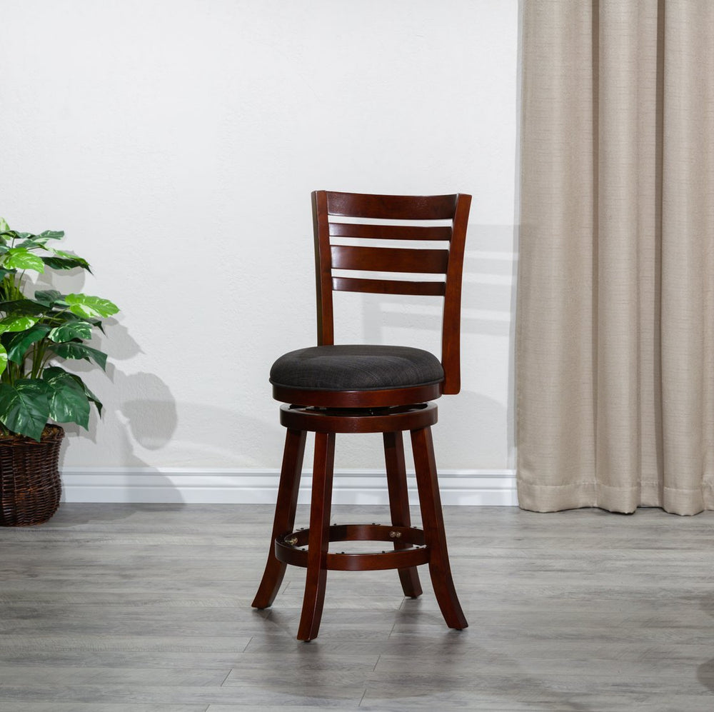 English Elm 24" Counter Height Slat Back Swivel Stool - Cherry Finish & Charcoal Fabric For Classic Comfort B04660686