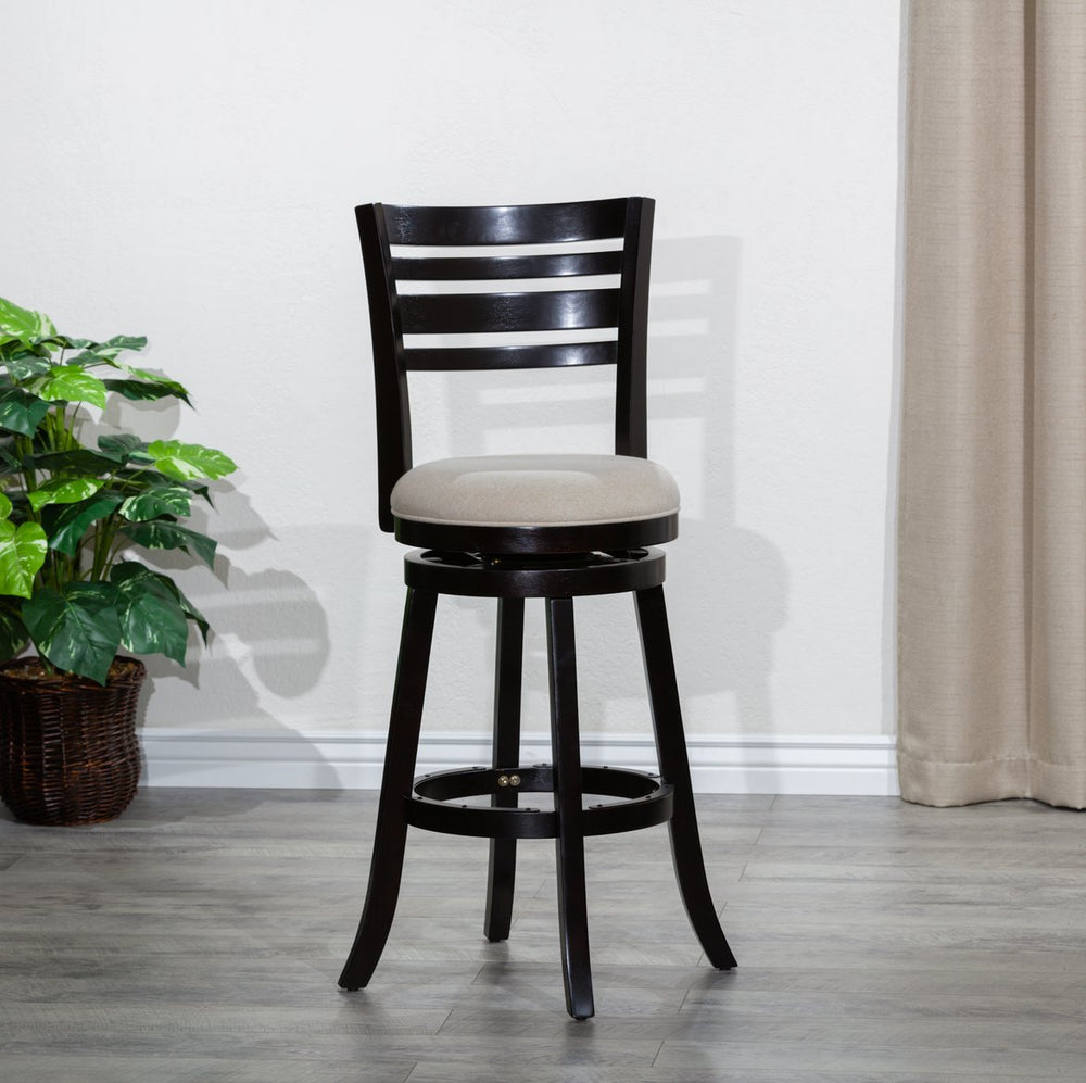 English Elm 30" 4-Slat Back Swivel Stool, Espresso Finish with Beige Padded Fabric Seat, Hardwood Frame Elegance B04660689