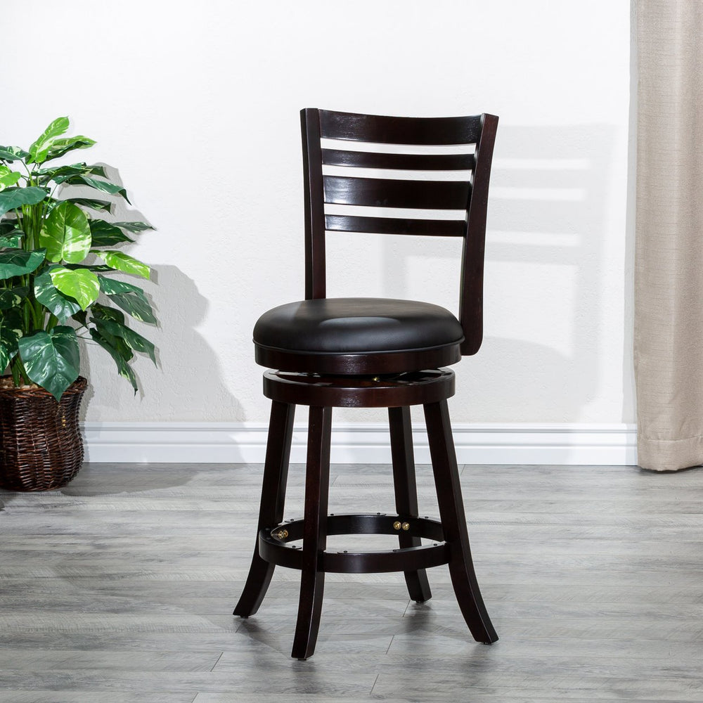 English Elm 24" Counter Height Slat Back Swivel Stool - Elegant Espresso Finish With Luxurious Black Leather Seat B04660680
