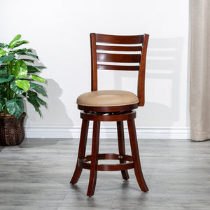 English Elm 24" Counter Height Slat Back Swivel Stool, Cherry Finish, Bone Leather Seat