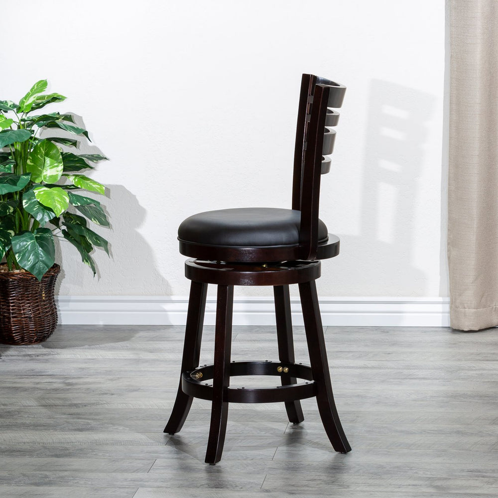 English Elm 24" Counter Height Slat Back Swivel Stool - Elegant Espresso Finish With Luxurious Black Leather Seat B04660680