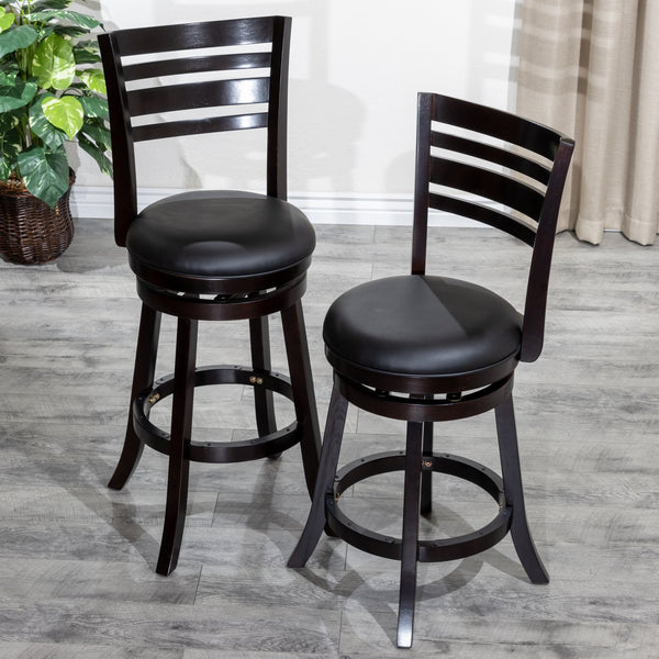 English Elm 24" Counter Height Slat Back Swivel Stool - Elegant Espresso Finish With Luxurious Black Leather Seat B04660680