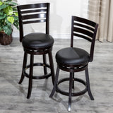 English Elm 24" Counter Height Slat Back Swivel Stool, Espresso Finish, Black Leather Seat