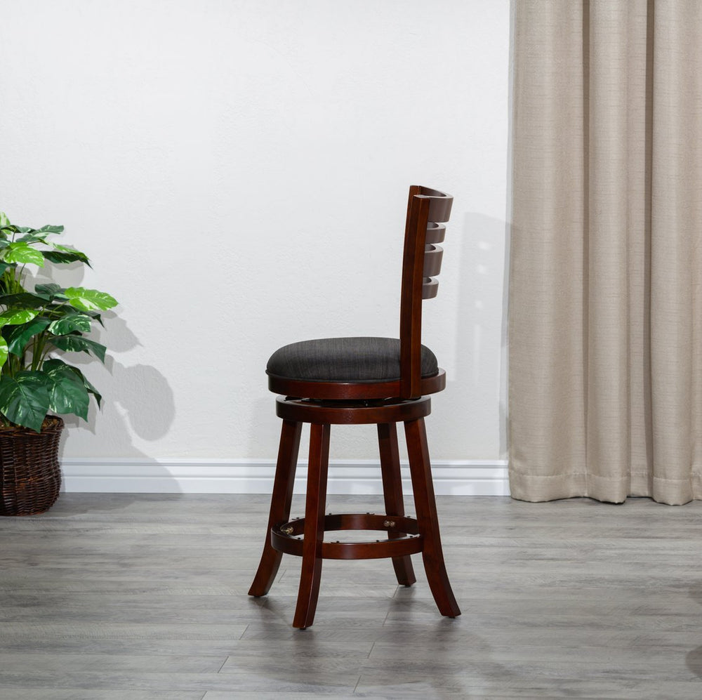 English Elm 24" Counter Height Slat Back Swivel Stool - Cherry Finish & Charcoal Fabric For Classic Comfort B04660686