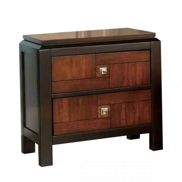 English Elm Acacia Multitone Walnut Nightstand with Double-Deck Top, Solid Wood Veneer, 2 Drawers, Chrome Knobs B01181558